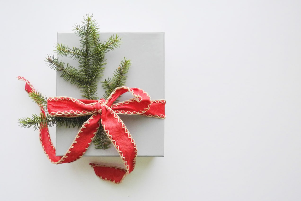 holiday gift wrapped with red ribbon and pine needles