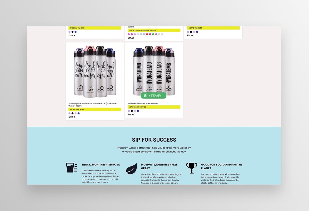 Hydratem8 website with products displayed in a grid