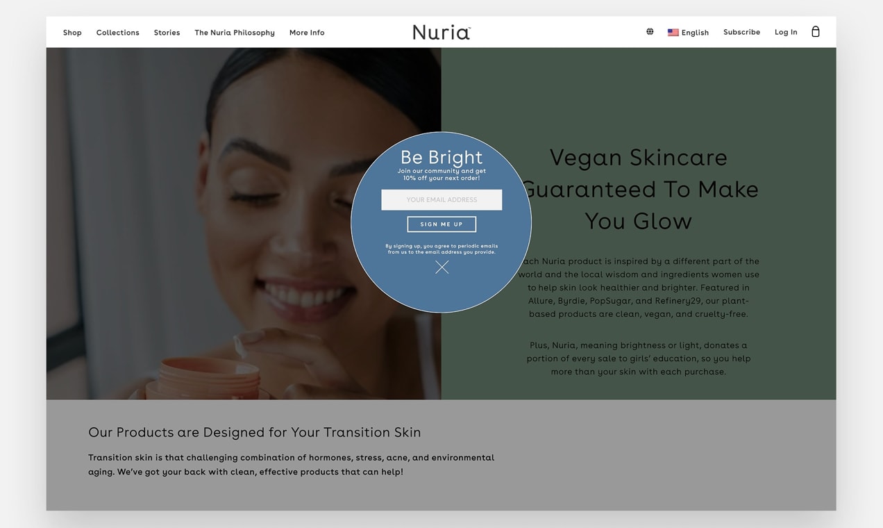 Screenshot from Nuria Beauty showing a blue popup with email capture.