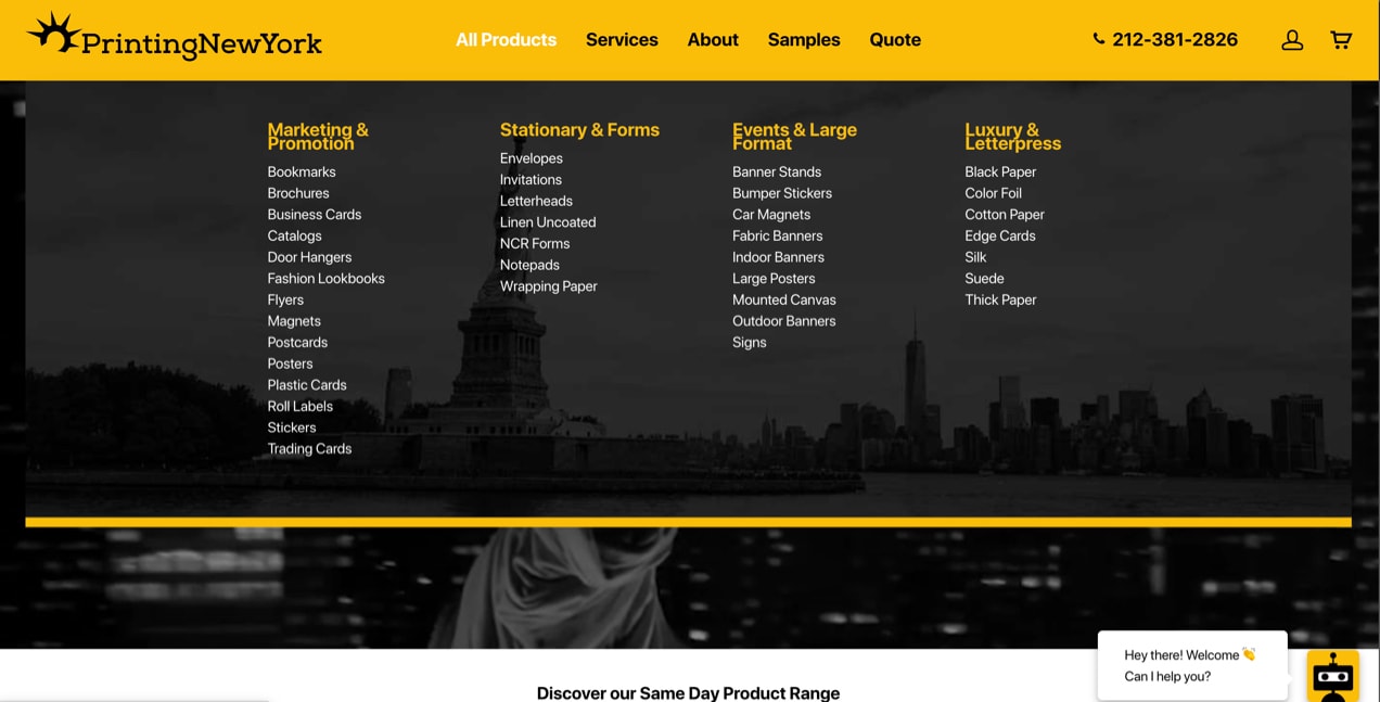 PrintingNewYork website, with categories and subcategories in the main menu
