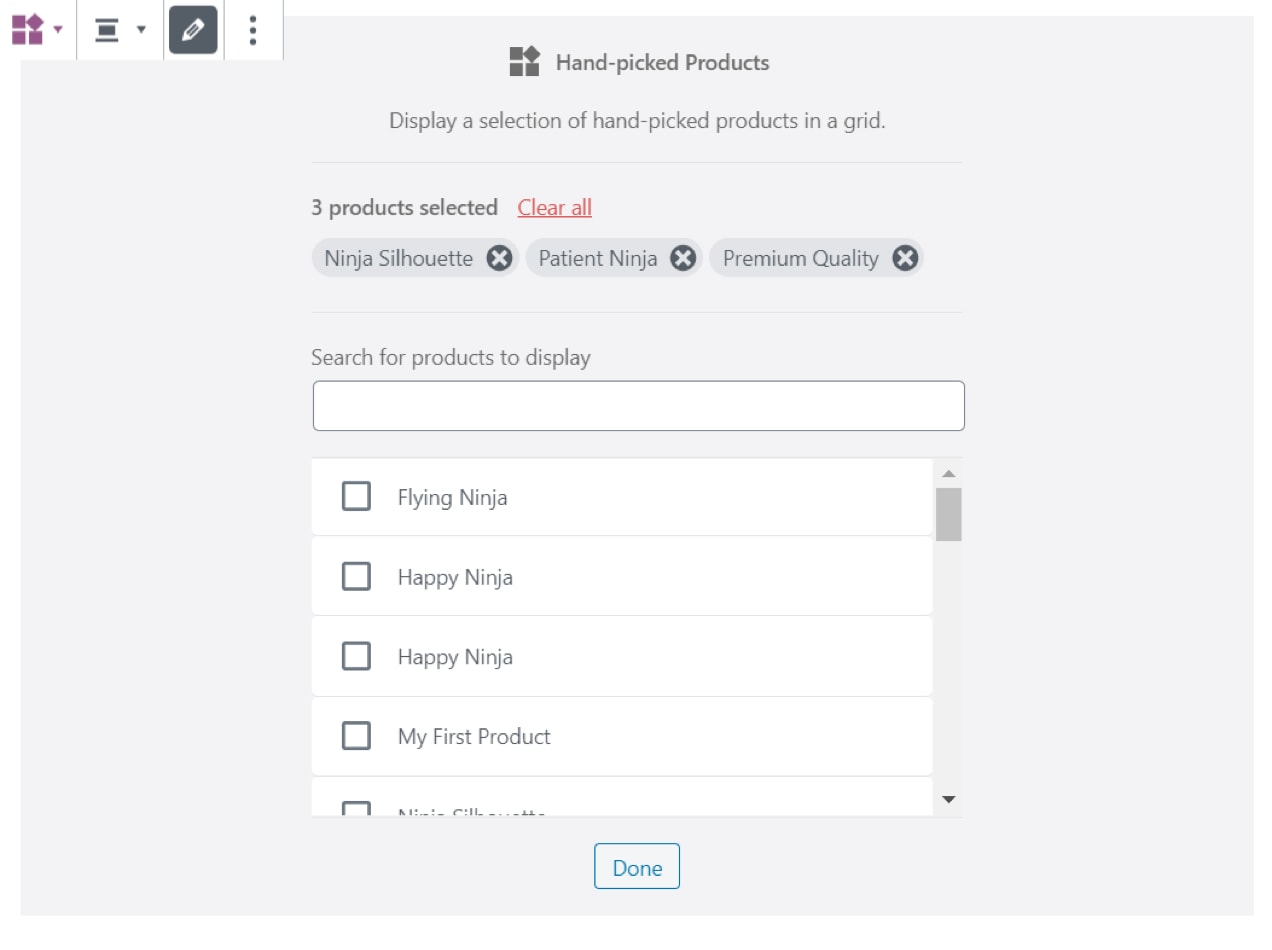 screenshot showing options for hand-picked products