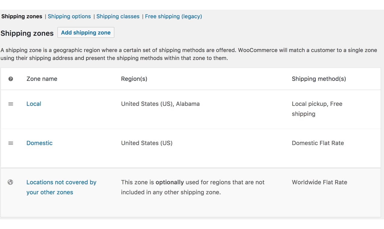 Screenshot of Shipping Zones settings screen from WooCommerce