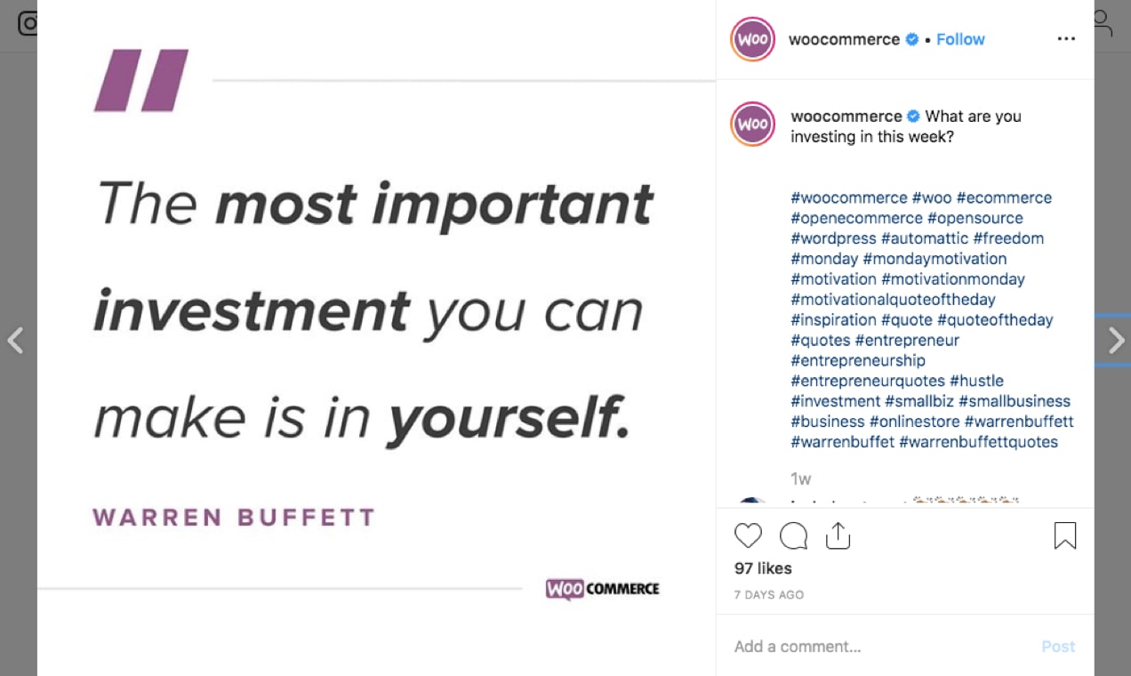 Screenshot from the WooCommerce Instagram showing a motivational quote.