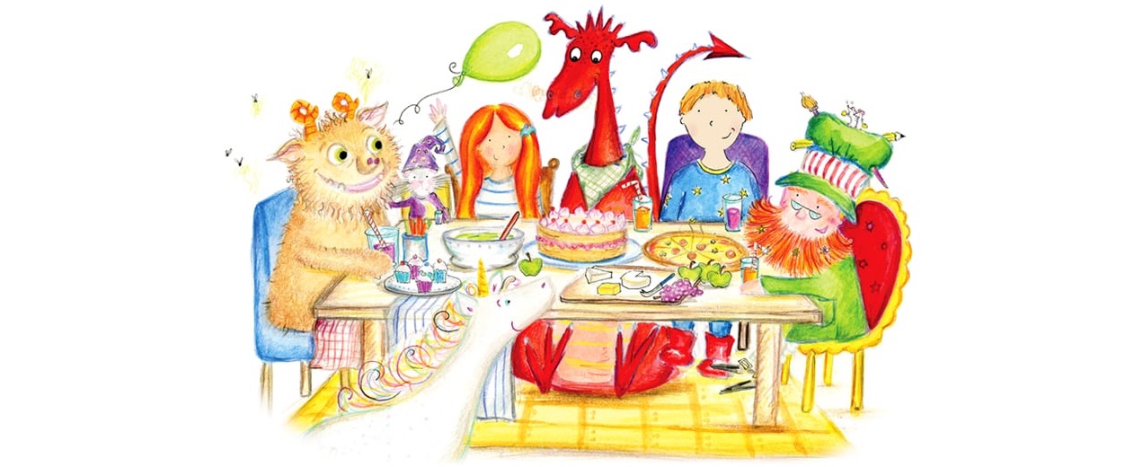 Illustration of two children surrounded by colorful characters and creatures from a storybook.
