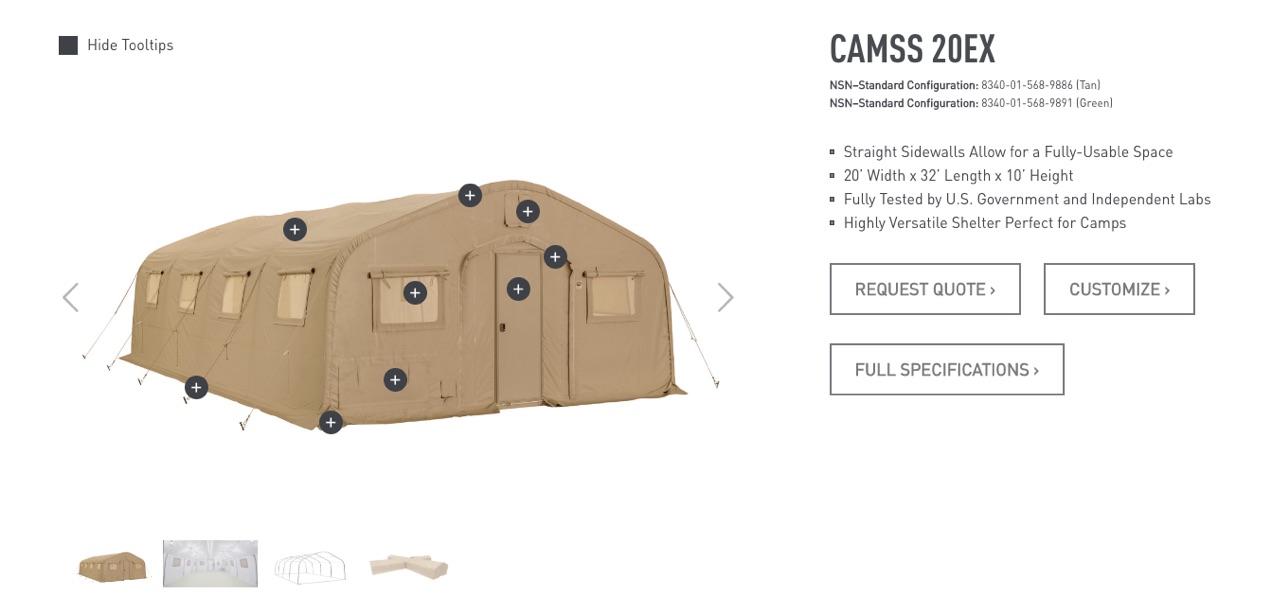 A page on the new and improved CAMSS site showcasing their 20EX shelter