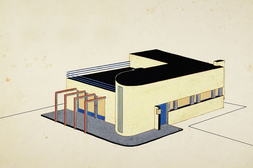 drawing of a Bauhaus-style building