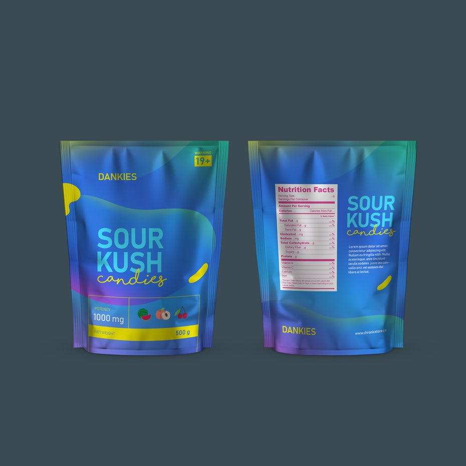 Packaging design trends 2020 example: Colorful retrofuturistic cannabis Gummy candies