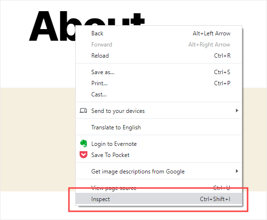 Selecting the Inspect option in Chrome