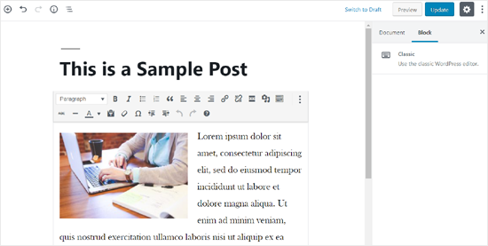 Classic Block in Gutenberg Editor