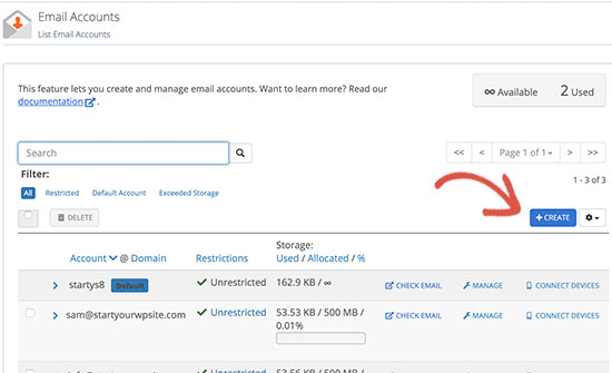 Creating a new email account in Bluehost