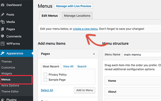 Creating a new menu in WordPress