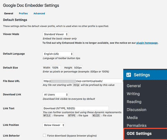 Google Docs Embedder settings