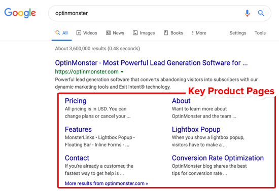 Google Sitelinks Key Product Pages