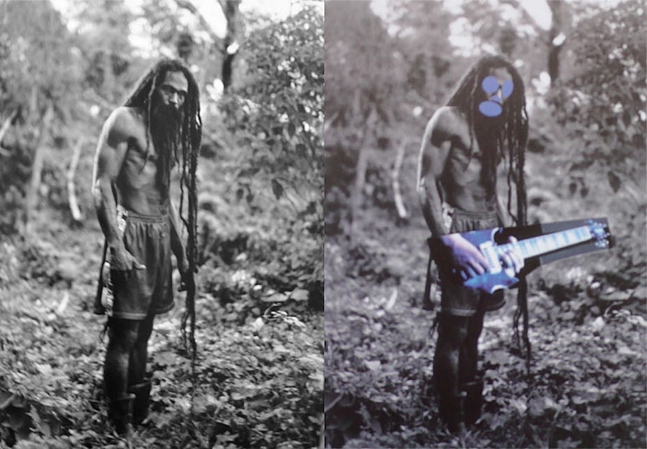 unedited photograph of a man in the wilderness on the left, altered photograph blocking the man’s features and putting a guitar on his hands on the right