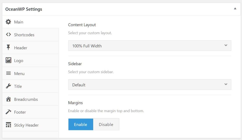 ocean wp page settings