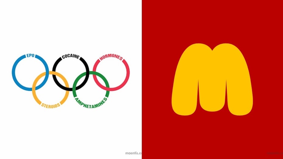 parody of the Olympics logo with drugs listed in each circle’s perimeter and a parody of the McDonald’s logo that’s much thicker than the regular one