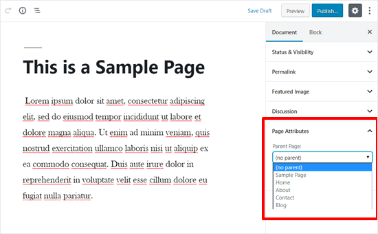 Page Attributes WordPress