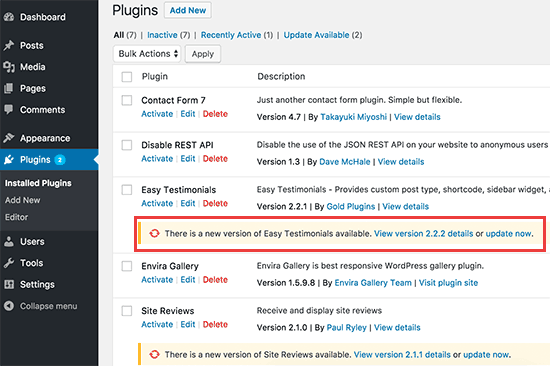 Updates highlighted on the plugins page