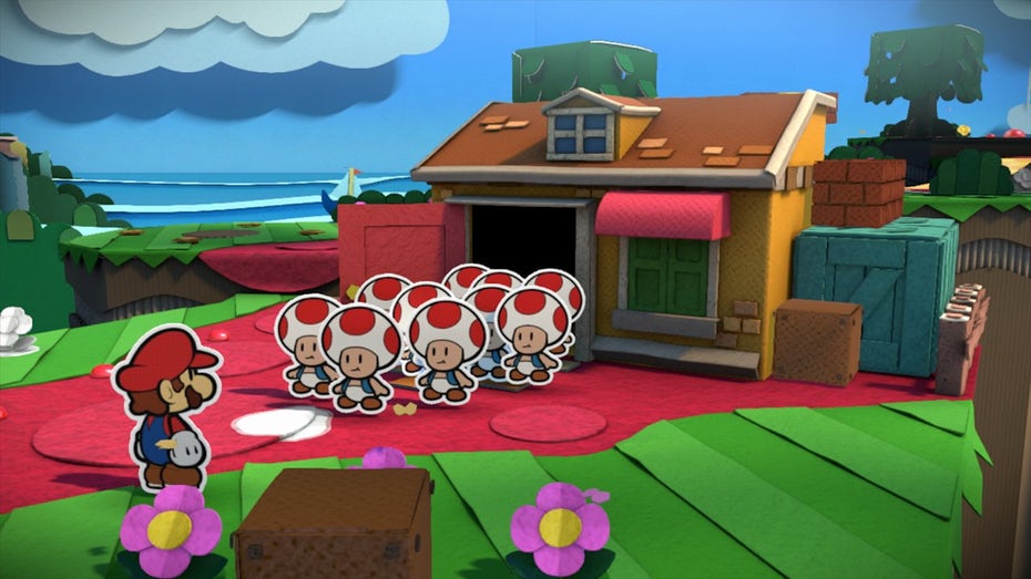 screenshot from “Paper Mario” video game showing 2D Mario and a bunch of Toads against a 3D background