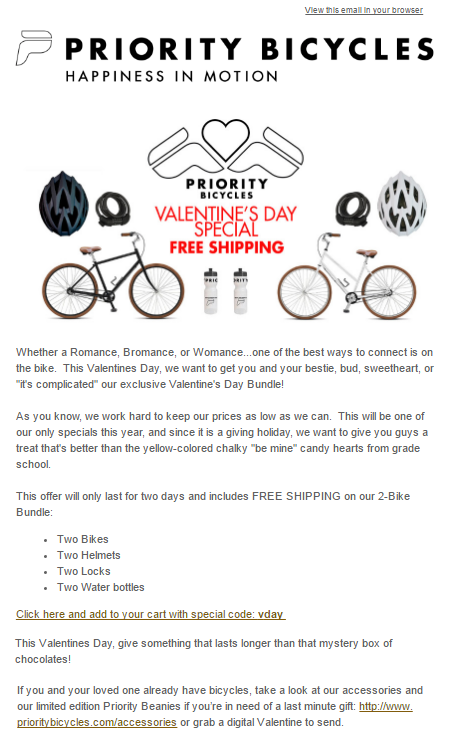 For its Valentine’s Day promotion, Priority Bicycles shared a 2-day, limited time offer for customers to purchase its 2-Bike Bundle.