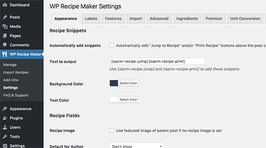 WP Recipe Maker settings