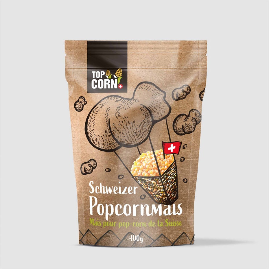 Packaging design trends 2020 example: popcorn packaging with balloon illustration