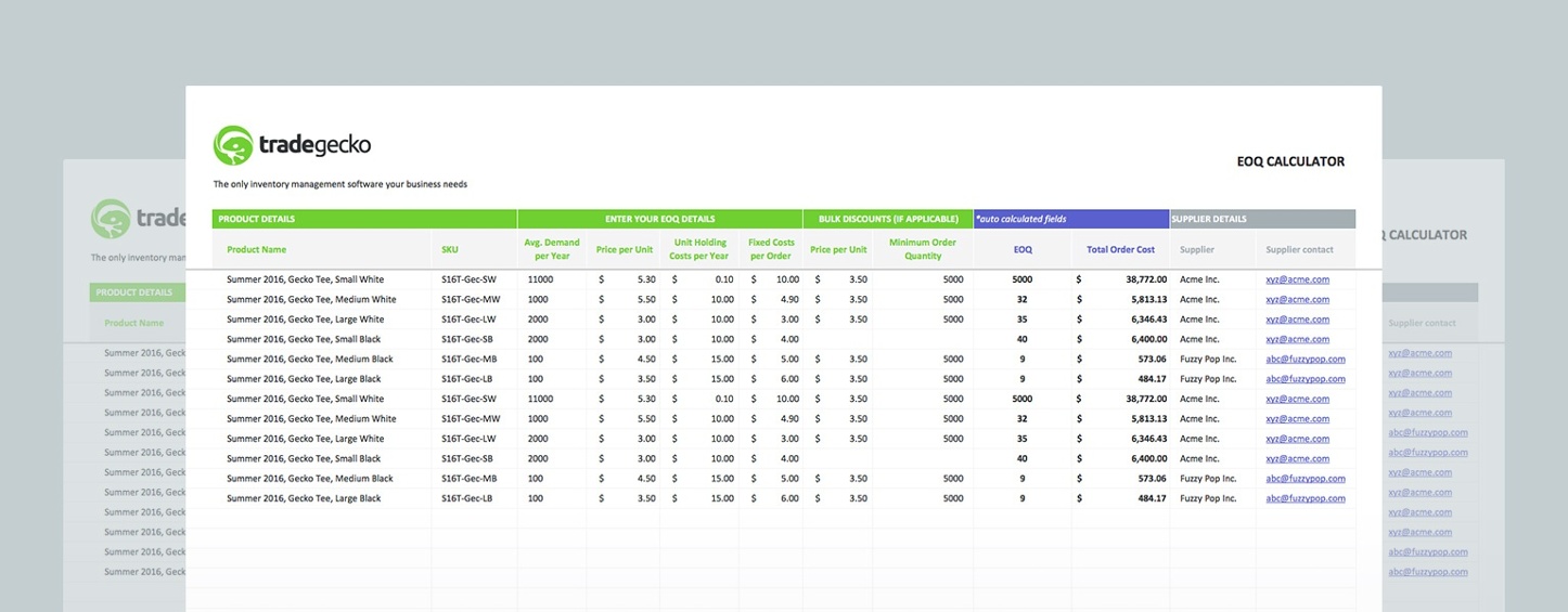 TradeGecko offers a free Economic Order Quantity (EOQ) tool