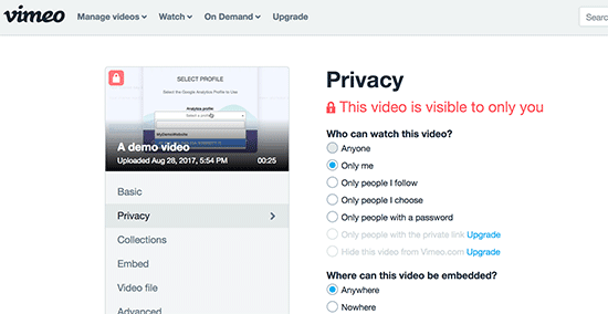 Vimeo video privacy