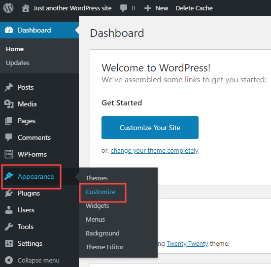 WordPress dashboard showing where to find Appearance - Customize