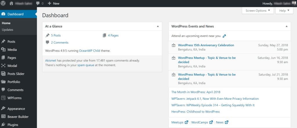 wp admin dashboard