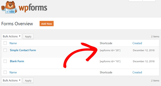 WPForms all forms with shortcodes