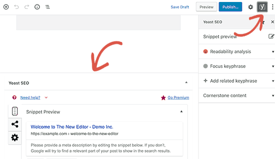 Yoast SEO settings in new Gutenberg editor